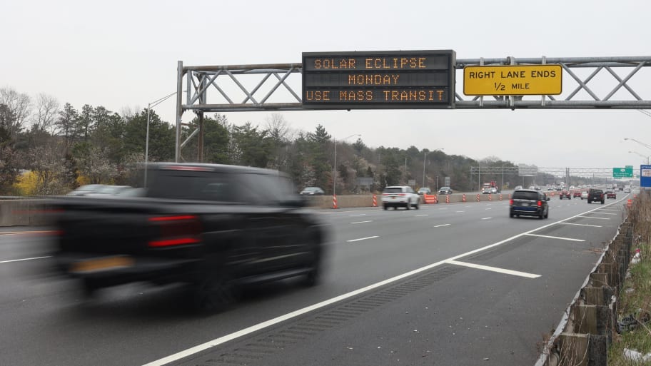 A digital sign along the eastbound Long Island Expressway between exits 63-64 in Medford, New York on April 2, 2024, advising commuters of the Solar Eclipse expected on April 8.