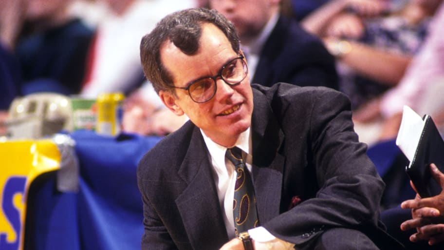 A photograph of Joey Meyer, during a DePaul Blue Demons college basketball game in 1991.