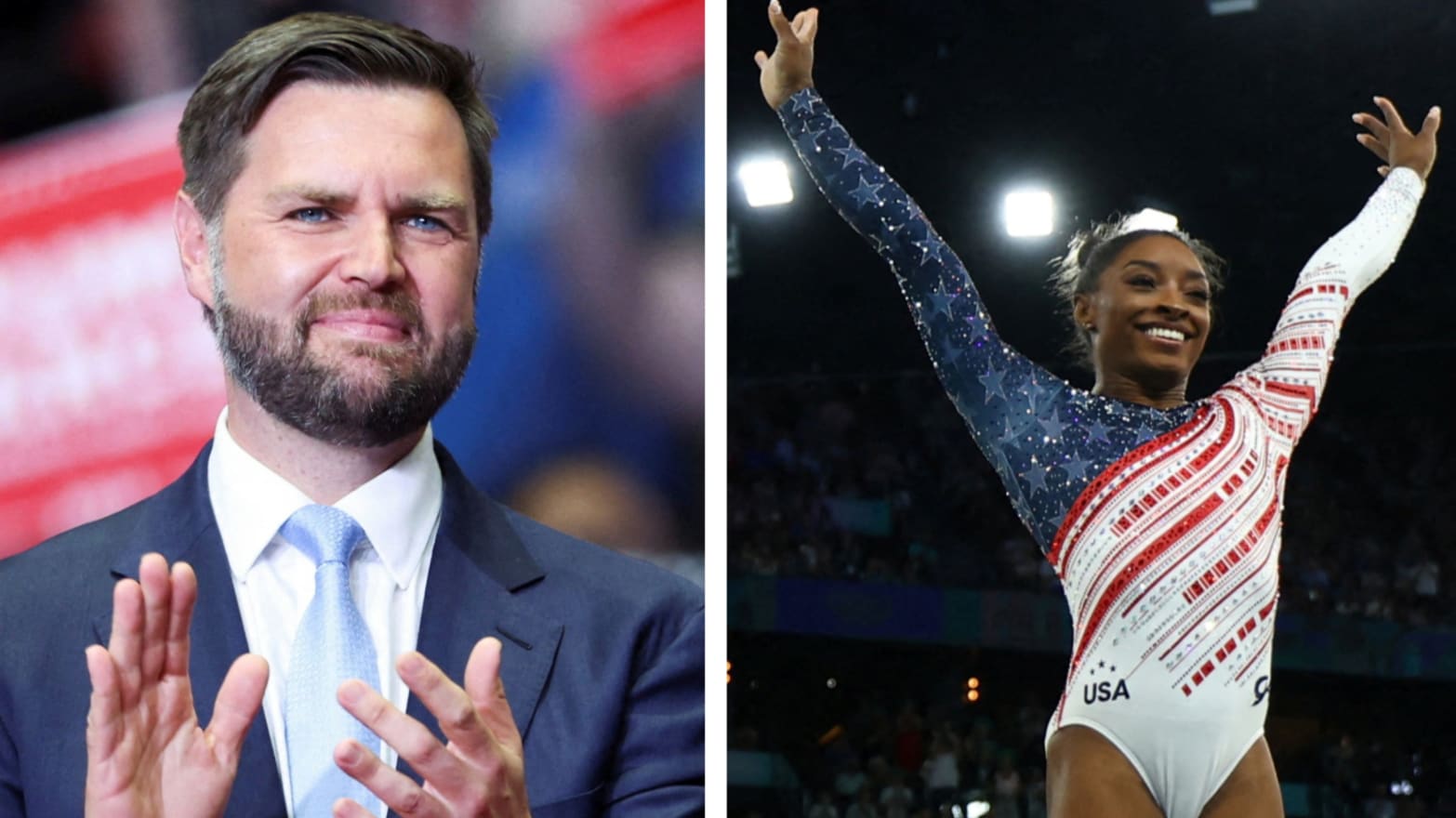 Side-by-side photos of J.D. Vance and Simone Biles