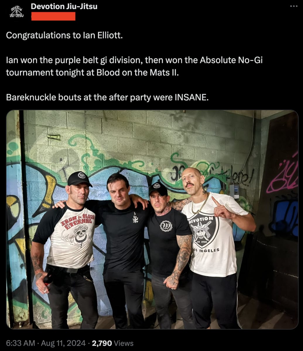 An X post from Aug. 11, 2024, shows Ian Elliott with members of the far-right Devotion Jiu-Jitsu school.