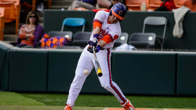 Clemson Tigers outfielder Reed Rohlman (26) at bat during Game 1 of a doubleheader between Notre Dame and Clemson at Doug Kingsmore Stadium in Clemson, SC. Clemson defeats Notre Dame 6-1. 