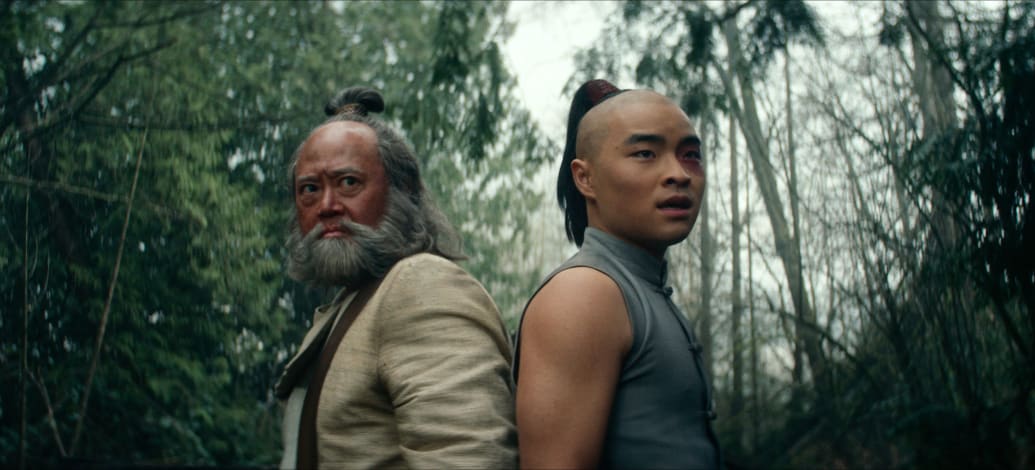 Paul Sun-Hyung Lee as Iroh, Dallas Liu as Prince Zuko in season 1 of Avatar: The Last Airbender