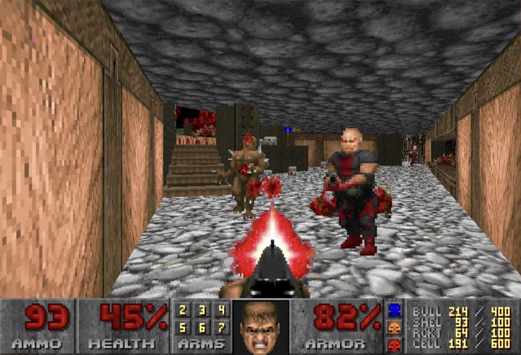 A scene from the original DOOM video game from 1993.