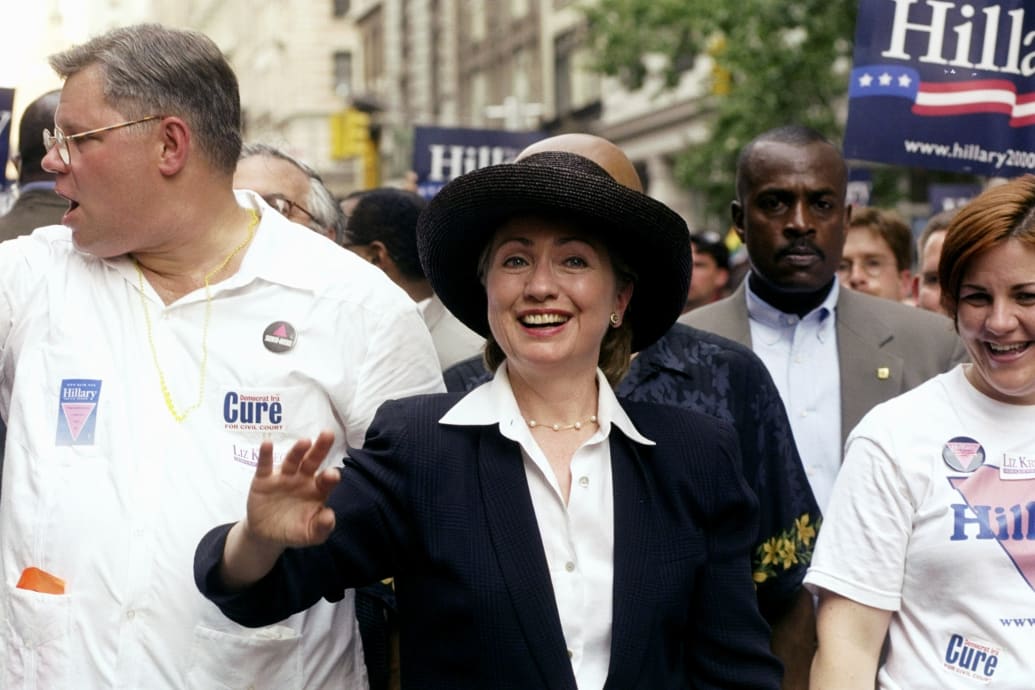 A photo of State Sen. Tom Duane, with then-U.S. Senate candidate Hillary Clinton and City Councilwoman Christine Quinn at a NYC Pride March in 2000.