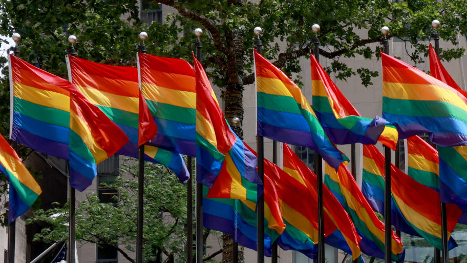 Pride flags fly high on the Rockefeller Center in anticipation of Pride week and Parade this coming Sunday.