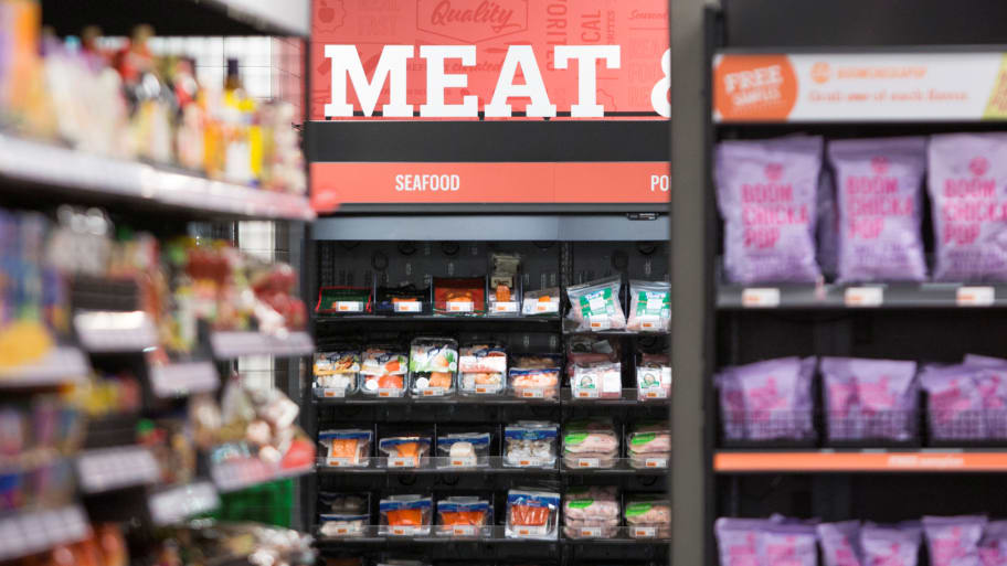 A meat section is pictured during a tour of an Amazon checkout-free, large format grocery store in Seattle, Washington.