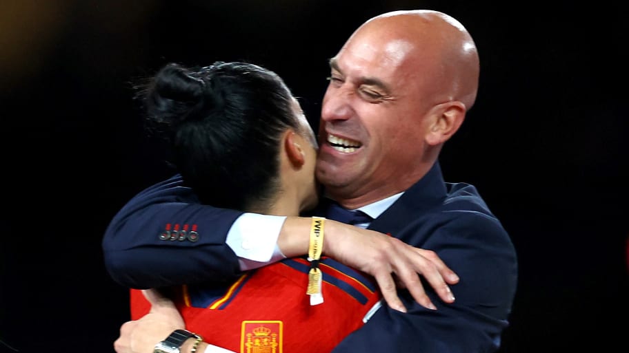 Spain’s Jennifer Hermoso celebrates with President of the Royal Spanish Football Federation Luis Rubiales after the Women’s World Cup final.