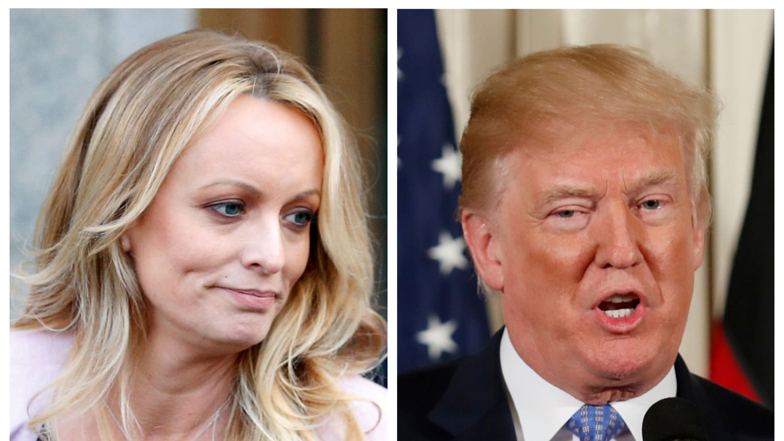 A combination photo shows Adult film actress Stephanie Clifford, also known as Stormy Daniels speaking in New York City, and U.S. President Donald Trump.
