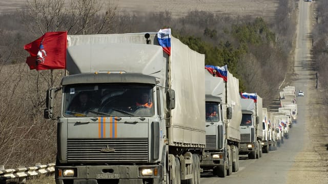 A convoy of 23 trucks carrying humanitarian aid from Moscow, mainly medicine and children's food, arrives in Tiraspol City, 25 March 2006.