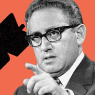 A diptych of Henry Kissinger and fields exploding. Bombs are layered over both.