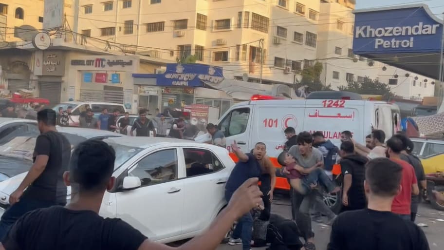 A screen grab captured from a video shows a street following the Israeli attacks on the entrance of the Al-Shifa Hospital in Gaza