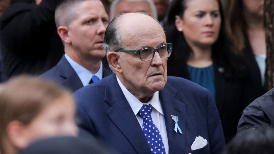 Rudy Giuliani reacts ahead of the ceremony marking the 22nd anniversary of the September 11, 2001 attacks