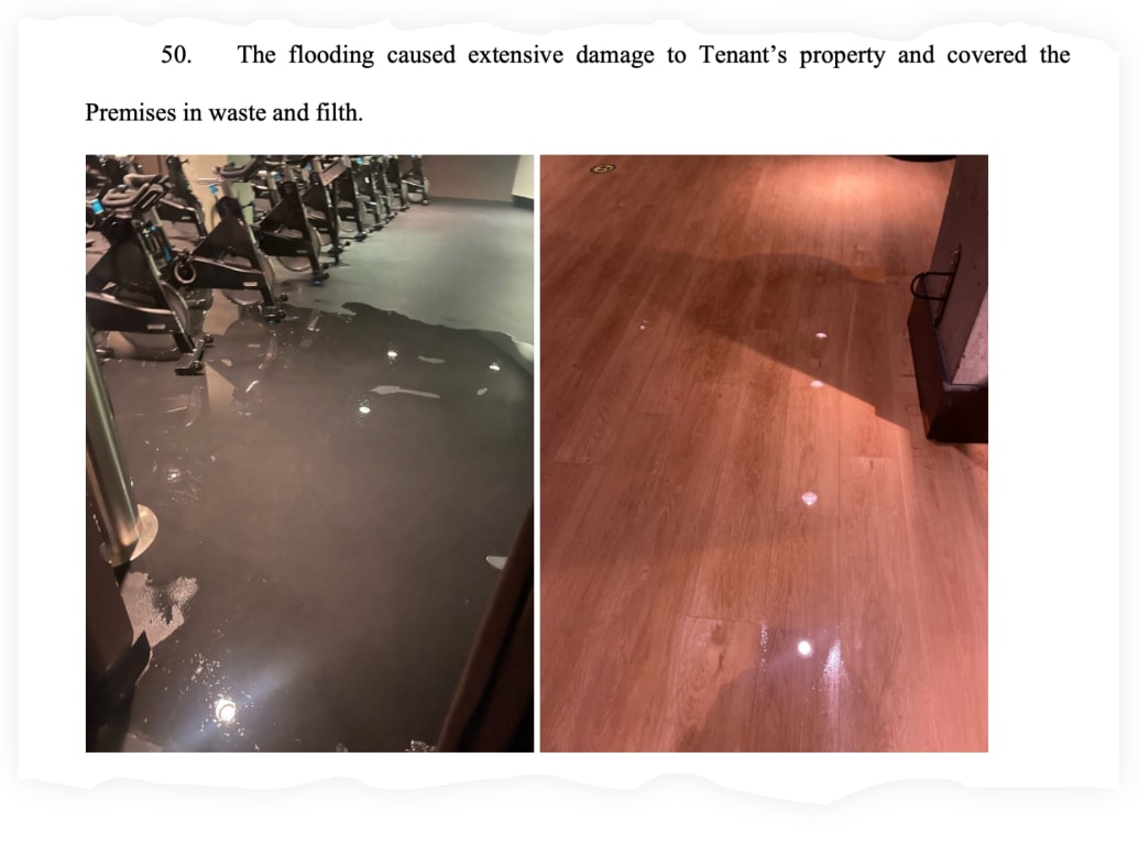 A snippet from TMPL’s lawsuit against its landlord, showing gym floors flooded with sewage water.