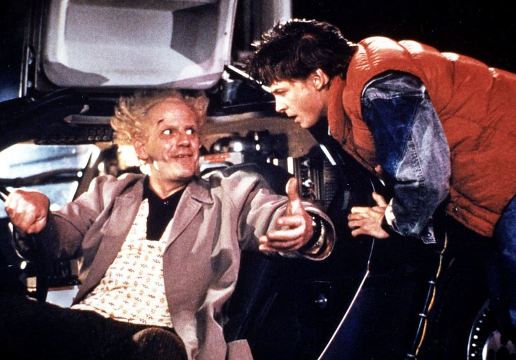 A production still of Christopher Lloyd and Michael J. Fox in 'Back to the Future,' the movie.