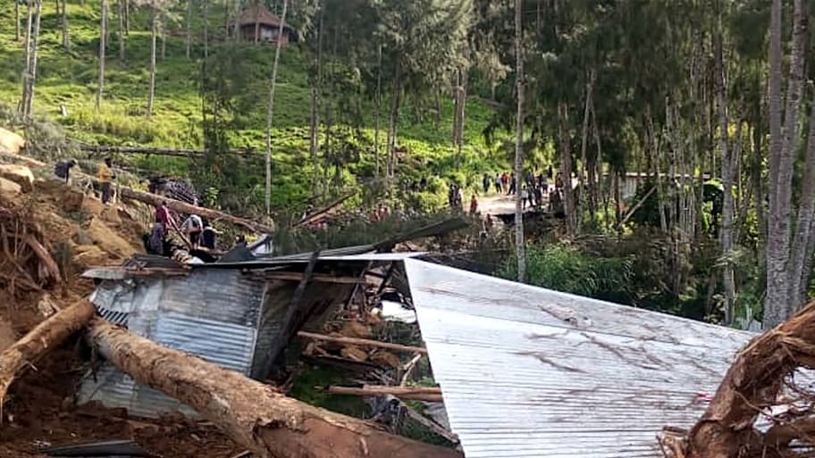 This picture shows a demolished house at the site of a landslide at Yambali Village in the region of Maip Mulitaka, in Papua New Guinea's Enga Province on May 25, 2024.