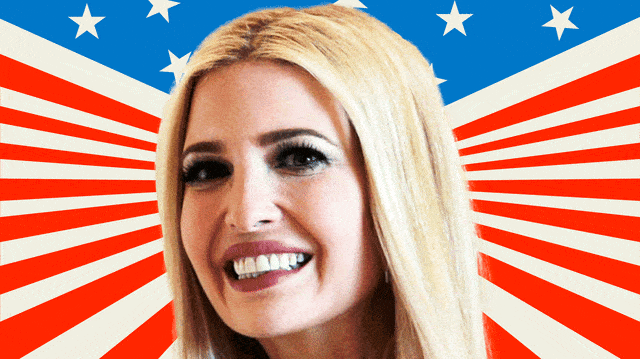 Photo illustrative gif of Ivanka Trump in front of a modified American flag going up and down
