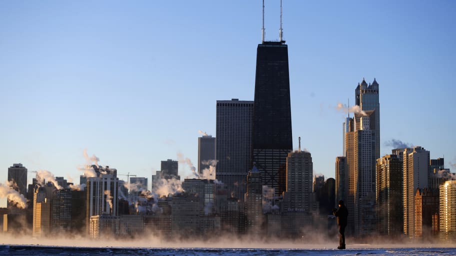 The Chicago skyline as the steam fog rises off Lake Michigan in Chicago, Illinois, January 28, 2014.
