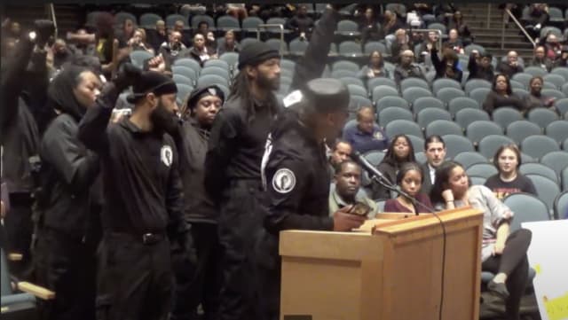 Members of the Black Panthers attend the Powhatan County Public School Board on March 18