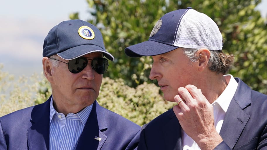 U.S. President Joe Biden speaks with California Governor Gavin Newsom during a visit to the Lucy Evans Baylands Nature Interpretive Center and Preserve, in Palo Alto, California, U.S., June 19, 2023.