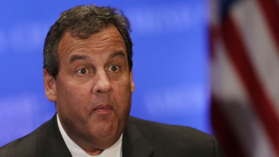 Chris Christie looks a bit shocked as he speaks during a conference