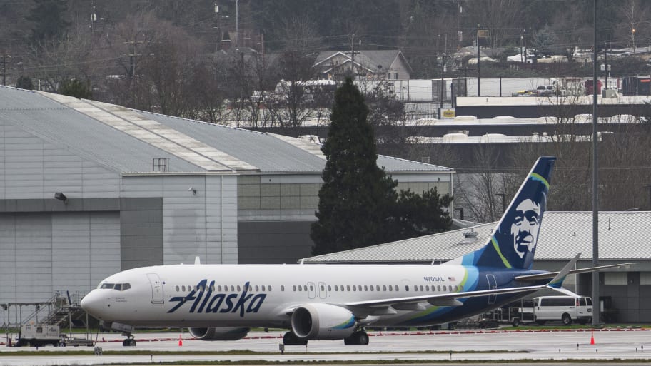 Alaska Airlines Boeing 737 MAX 9 aircraft grounded at Portland International Airport in Oregon.