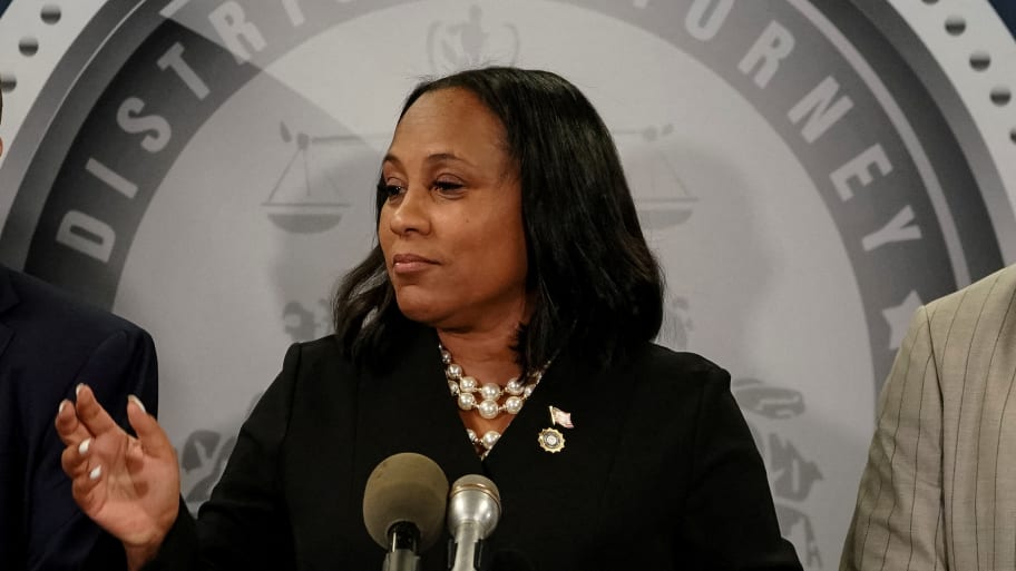 Fulton County District Attorney Fani Willis speaks to the media after a Grand Jury brought back indictments against former president Donald Trump and 18 of his allies in their attempt to overturn the state's 2020 election results