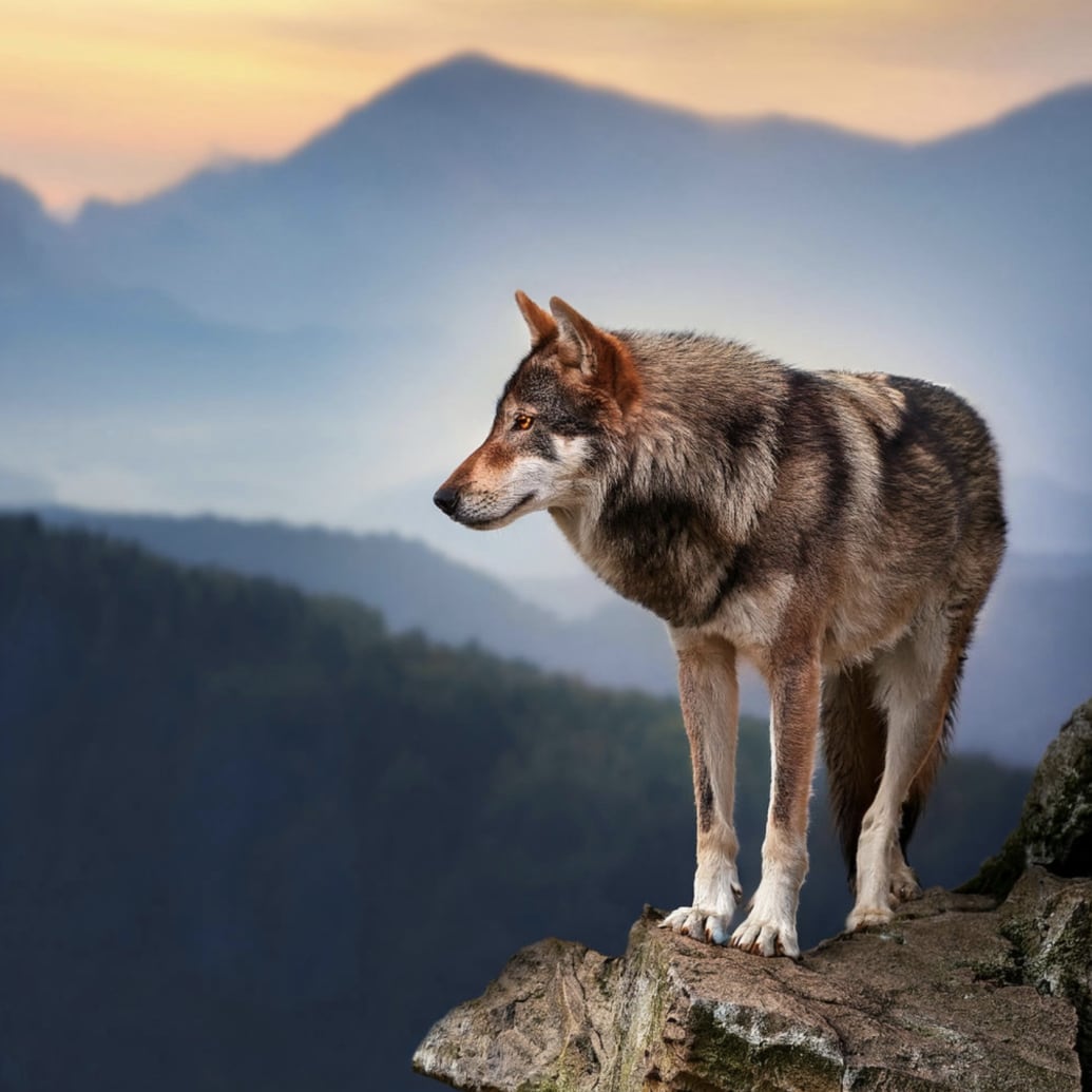 Majestic wolf standing on a rocky cliff with misty mountain range in the background at sunset.