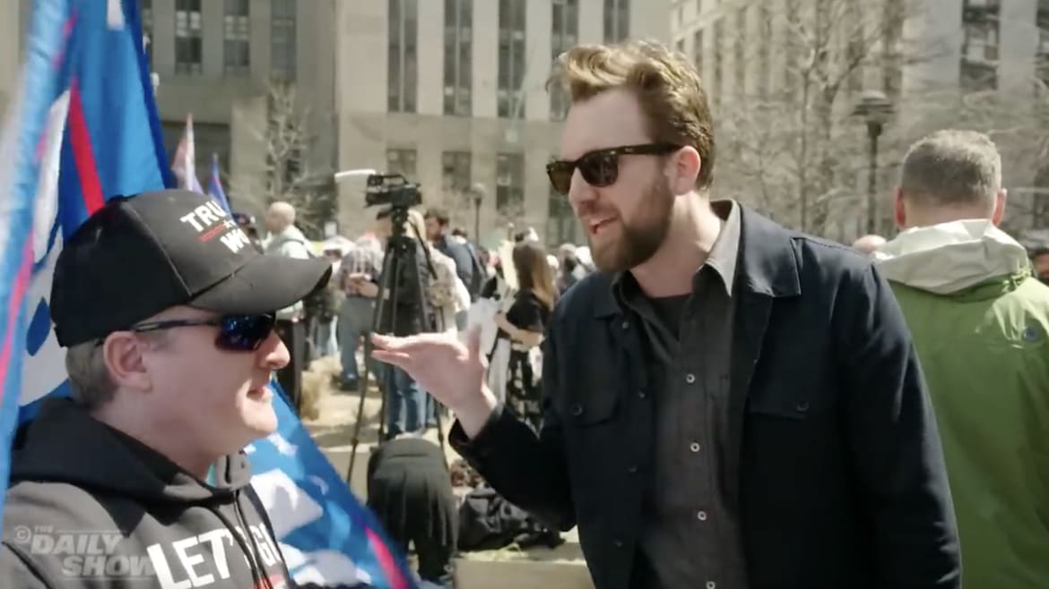 Jordan Klepper Goes at It With Trump Fans Outside Manhattan Courthouse