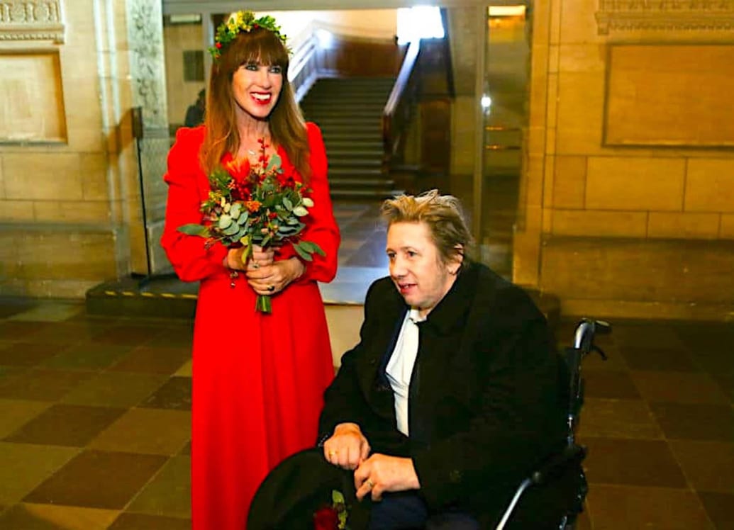 A photograph of Shane MacGowan and Victoria Mary Clarke wedding.