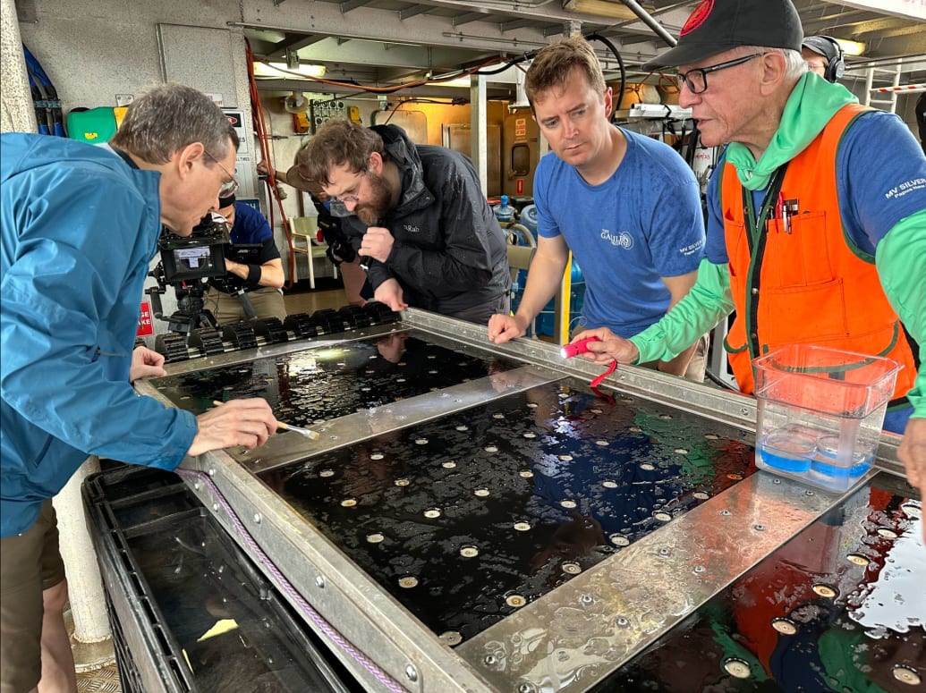 A photo of a group of scientists inspected a magnetic sled that returned magnetic particles from the ocean floor.
