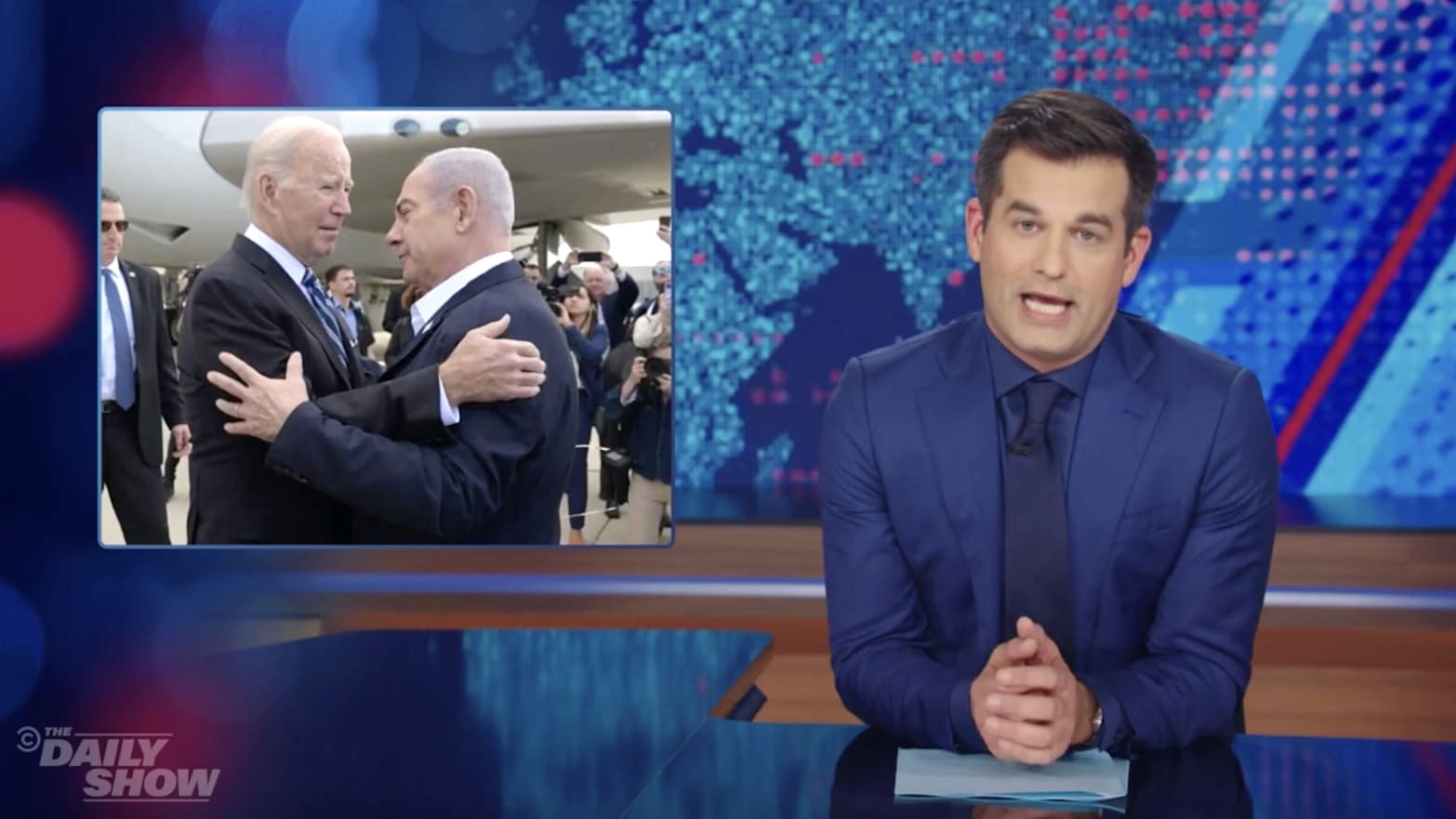 Daily Show guest host Michael Kosta with Joe Biden and Benjamin Netanyahu
