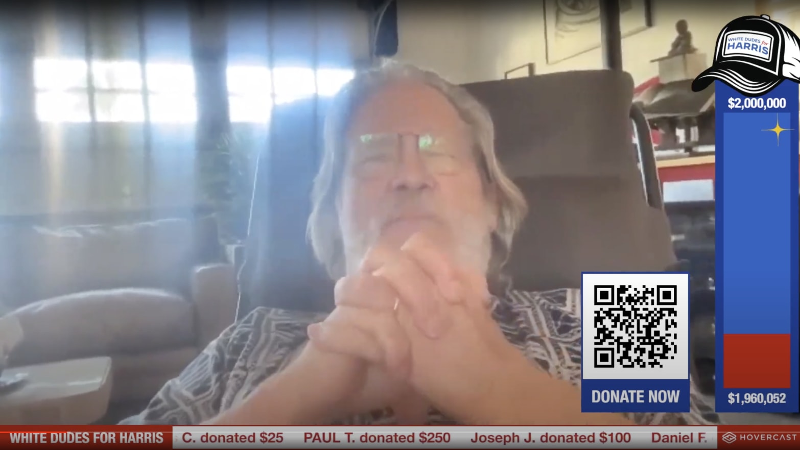 Jeff Bridges speaks on a “White Dudes For Harris” Zoom fundraising call Monday night. 