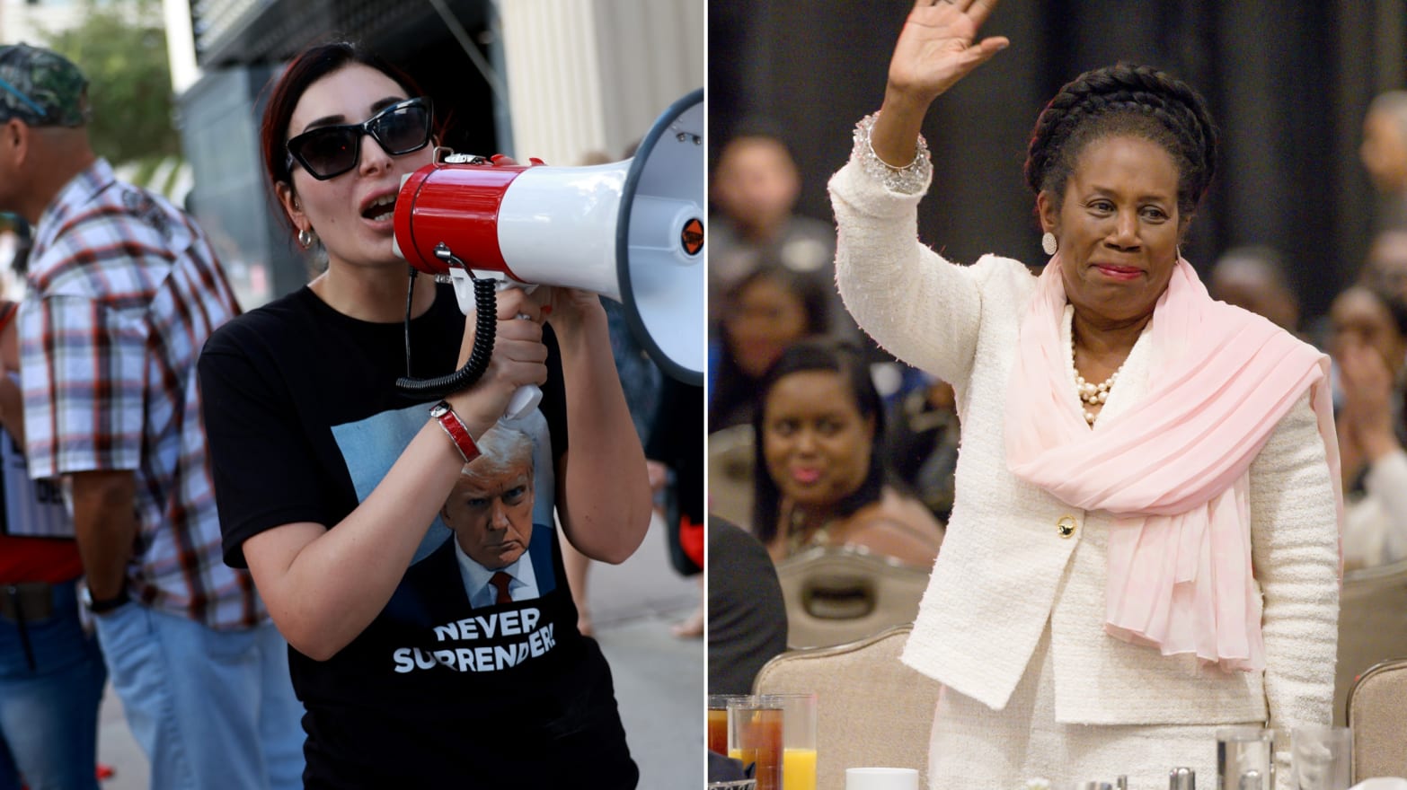 Laura Loomer shows her support for former President Donald Trump outside a campaign event for Republican presidential candidate Florida Gov. Ron DeSantis and  Sheila Jackson Lee (left) attends the 2023 Texas Black Expo 20th Anniversary corporate awards.