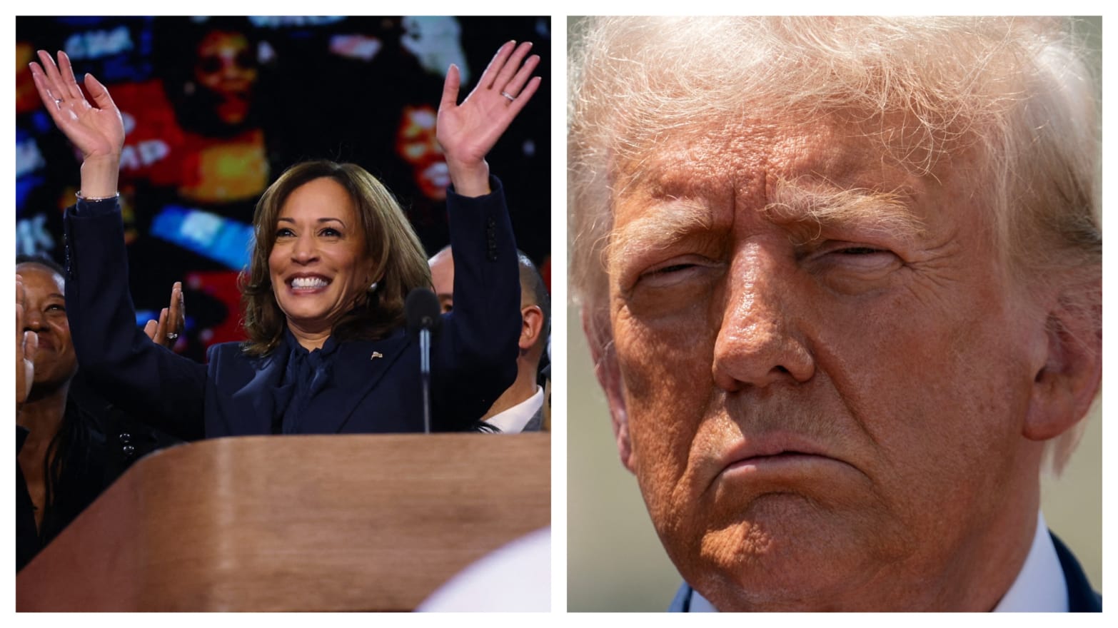 Side-by-side of Kamala Harris accepting applause and Donald Trump staring forward.