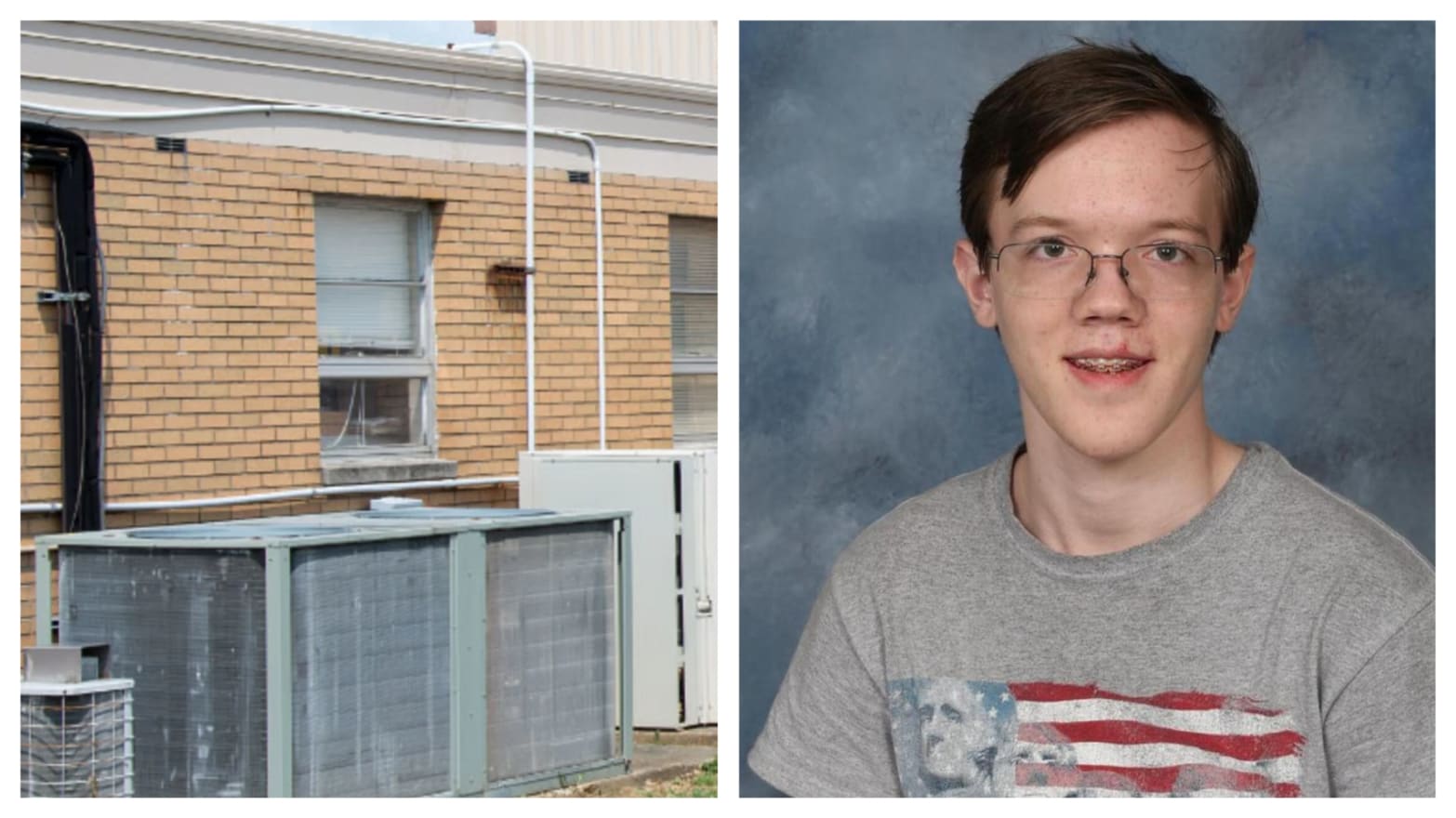 Side-by-side photos of AC unit and Thomas Matthew Crooks.