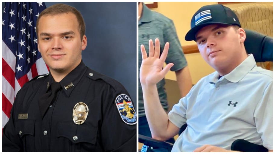 Side-by-side photos of Nickolas Wilt, the Louisville cop who was shot in the head while responding to a mass shooting in a bank downtown.