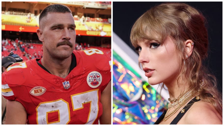 Side-by-side photos of Taylor Swift and Travis Kelce.