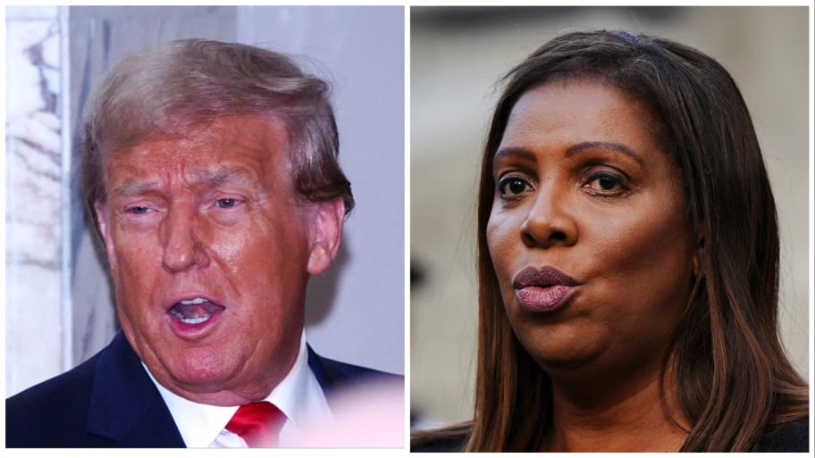 Trump (L) and Letitia James (R) at NY fraud trial 