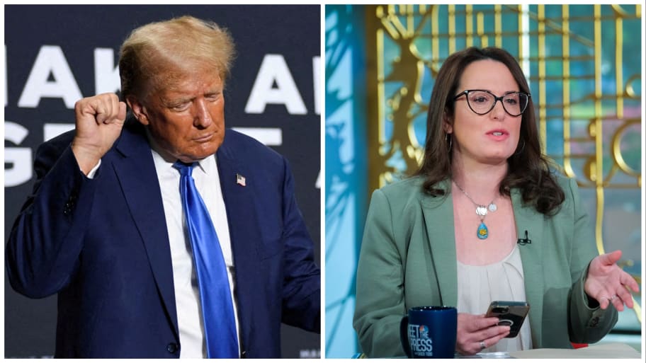 Donald Trump dances for the crowd (L). Maggie Haberman, The New York Times, appears on Meet the Press(R).