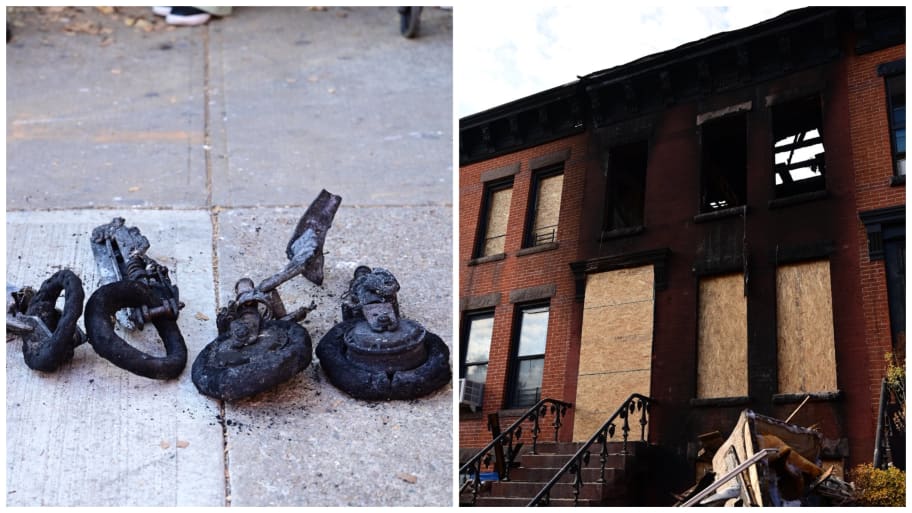 Side-by-side photos of a burnt scooter and the Brooklyn home that caught fire, killing three people inside.