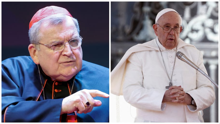 Cardinal Raymond Leo Burke gestures during the conference "The Synodal Tower of Babel" (L). Pope Francis leads the weekly general audience in Saint Peter's Square (R).