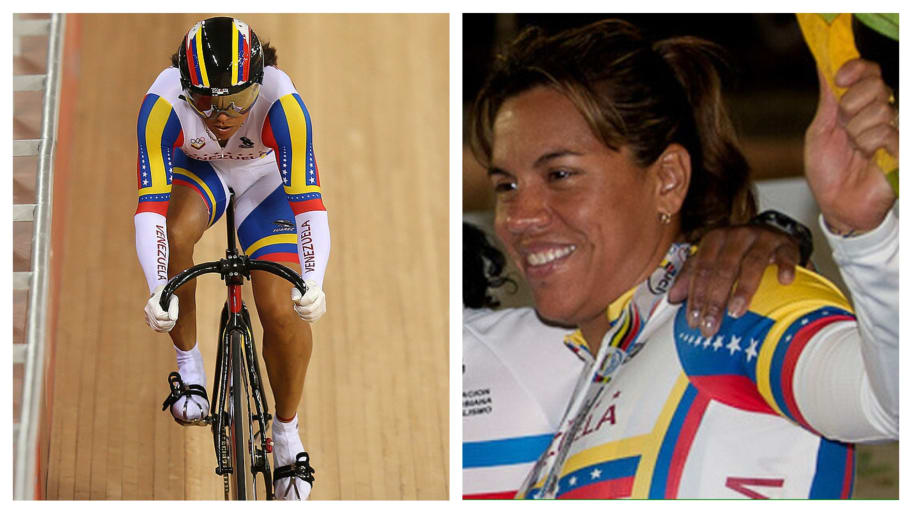 Side-by-side photos of Daniela Larreal Chirinos cycling and smiling after an event.