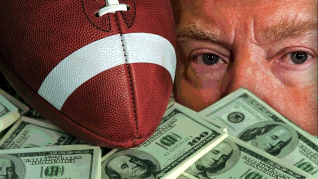 Illustration of Donald Trump's face, dollar bills and a football.