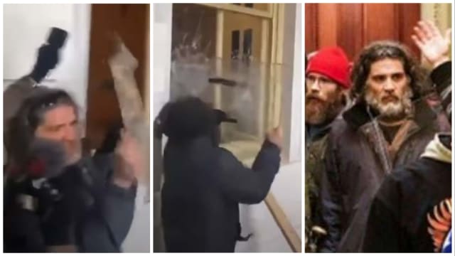 Three pictures of Dominic Pezzola on Jan. 6. Pezzola, a member of the Proud Boys known for bashing in a Capitol window with a stolen police shield to let in a mob of wild MAGA fanatics on Jan. 6, was sentenced Friday to 10 years in federal prison. 