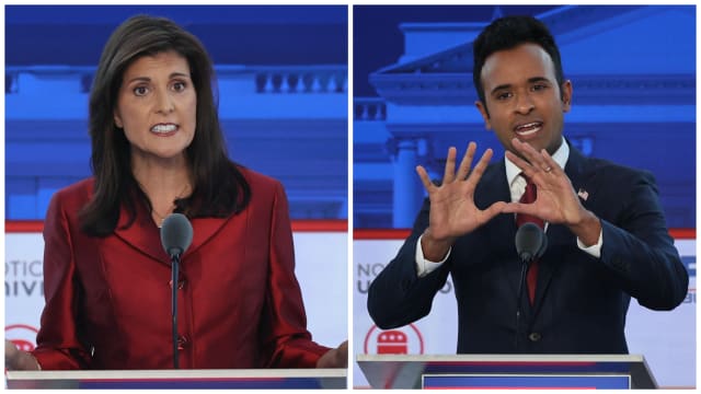 Side-by-side photos of Nikki Haley and Vivek Ramaswamy at the second GOP debate.