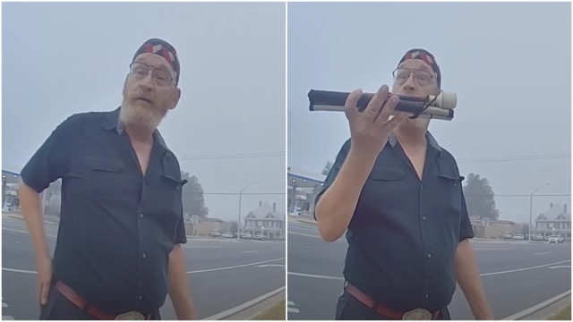Two side-by-side screenshots of police body camera footage showing James Hodges displaying his mobility cane for police.