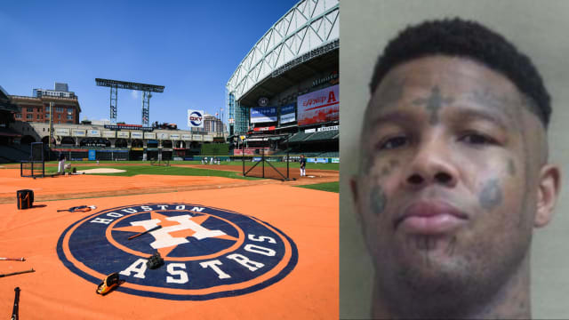 Side-by-side photos of the Houston Astros field and convicted sex offender Janike Holt