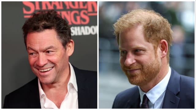 Actor Dominic West attends the opening night for 'Stranger Things: The First Shadow' at Phoenix Theatre in London (L). Britain's Prince Harry, Duke of Sussex walks outside the Rolls Building of the High Court in London(R).