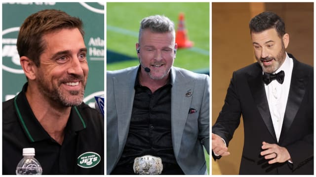(L-R). Aaron Rodgers (8) talks to the media during the introductory press conference at Atlantic Health Jets Training Center.Pat McAfee on the ESPN College Gameday set at the 2024 Rose BowlJimmy Kimmel hosts the Oscars show at the 95th Academy Awards