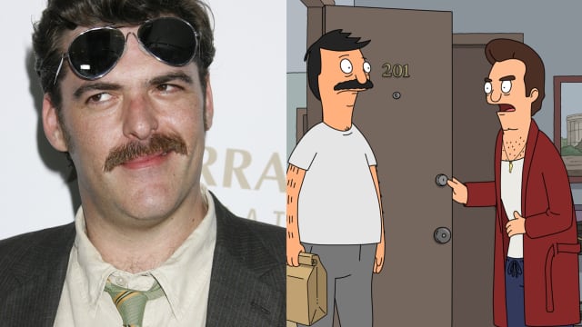 Actor Jay Johnston at the 19th Annual GLAAD Media Awards (left) and his character on Bob's Burgers, Jimmy Pesto, (far left) during the season finale entitled, "Prank You For Being A Friend."
